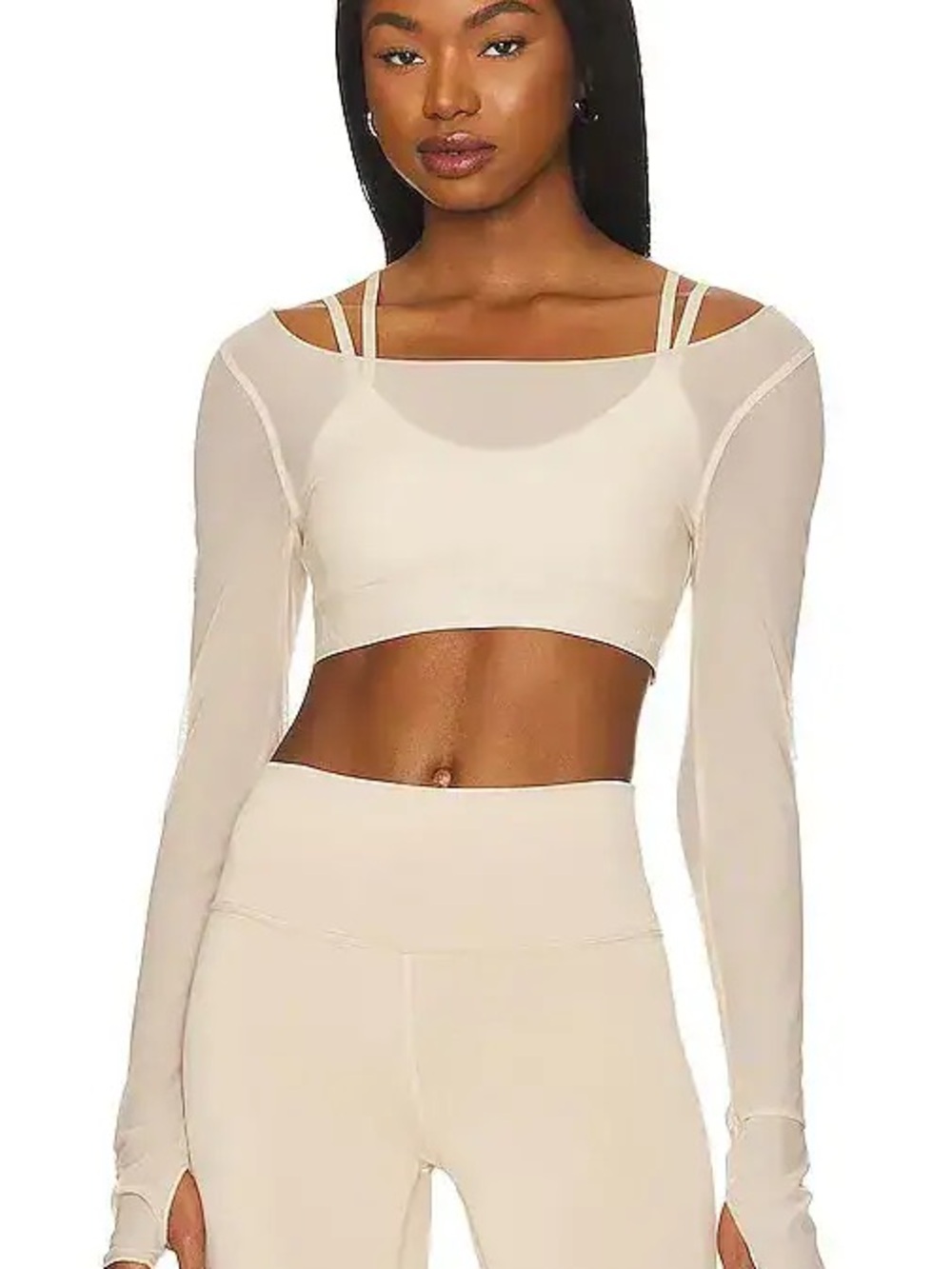 ALO Yoga Double-Strap Long Sleeve Crop Top - Cream